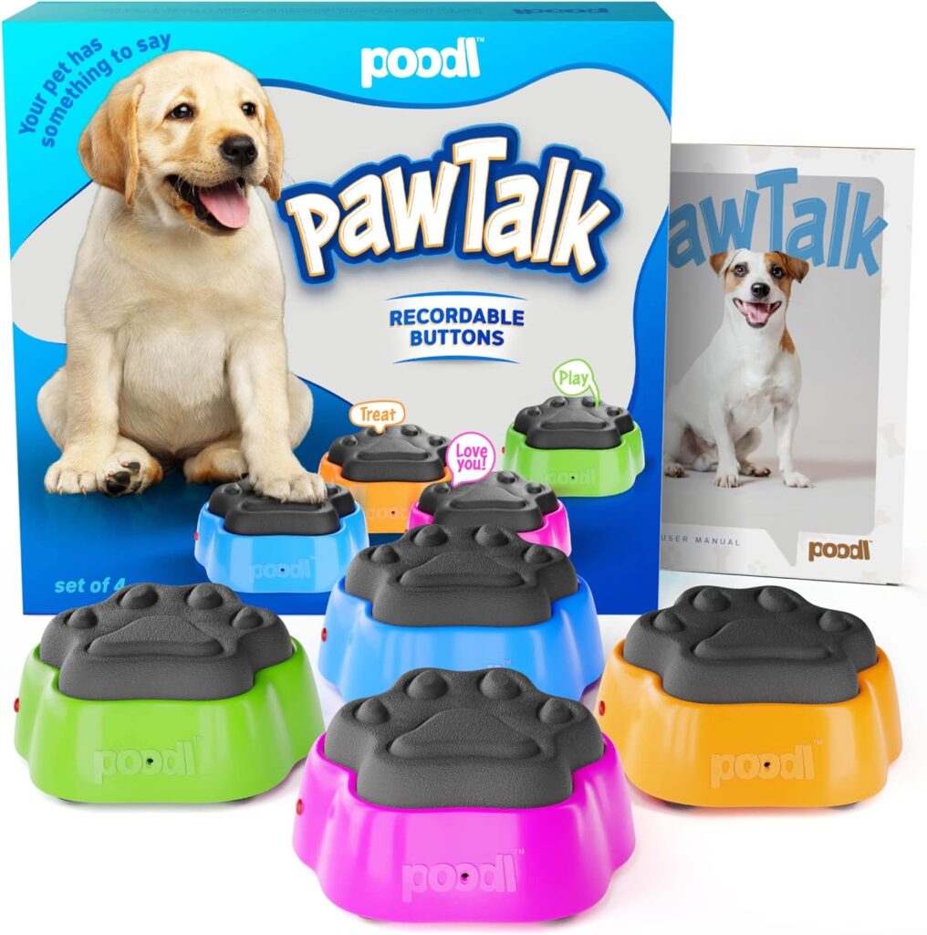 PawTalk Recordable Dog Buttons - Talking Buttons for Pet Communication - Gifts, Games  Stuff for Dogs - Speaking Button for Dog Training - Teach Your Dog to Communicate Through Words - Gift Set of 4